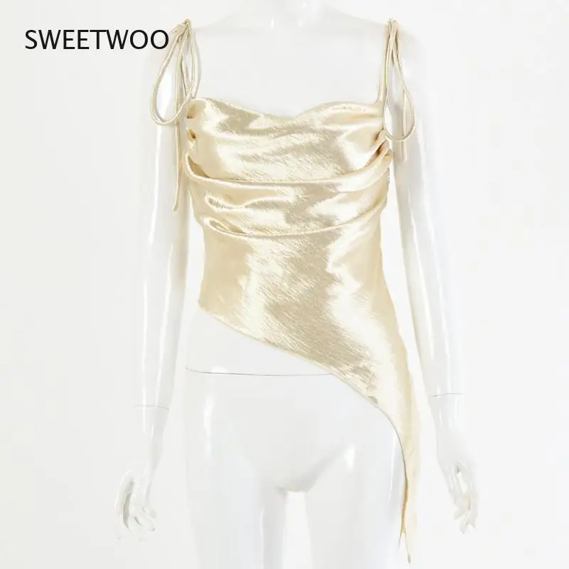 

2021Top Women Halter Irregular Basic Cami Sleeveless Satin Silk Tank Tops Women's Summer Camisole