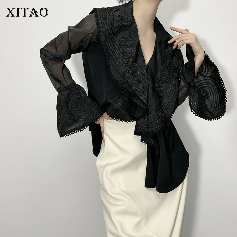 

XITAO Blouse Shirt Fashion New Women Embroidery Full Sleeve Black Small Fresh Casual Style Loose Pullover Shirt Top GWJ0786