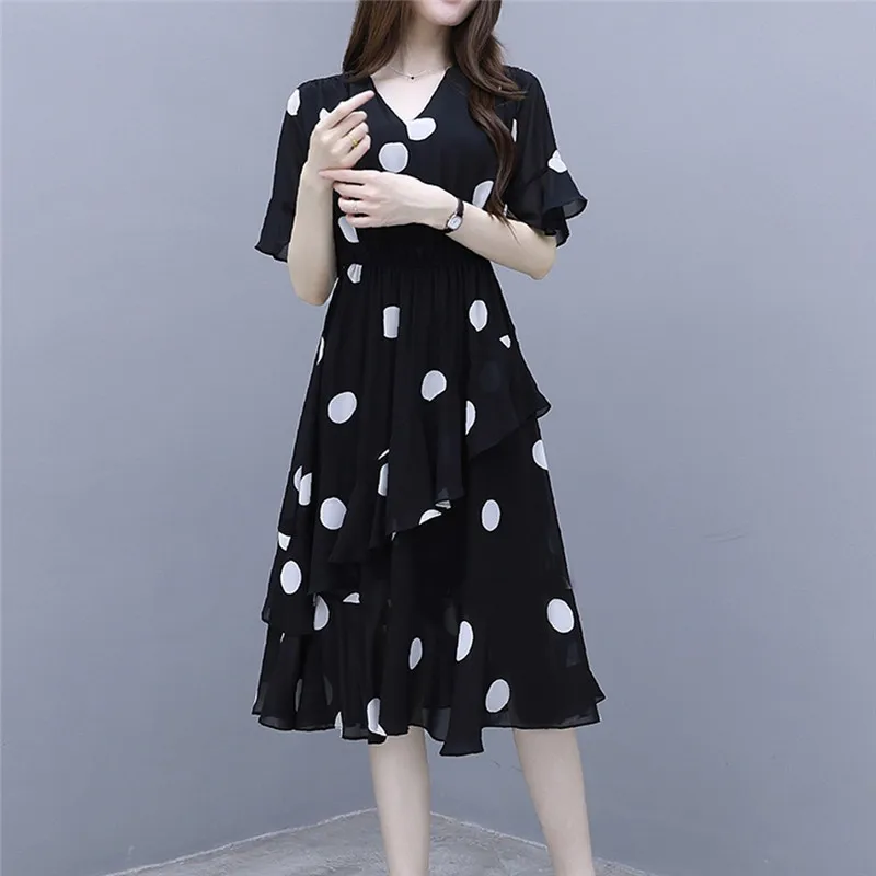 Plus Size Dress Women Fashion Summer V-Neck Knee Length Short Sleeve Wave Point Elegant Temperament Vestidos Mujer | Женская одежда