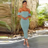 verngo off the shoulder sheath bodycon evening party dresses spadex sleeves pleats tea length formal dress women prom gown
