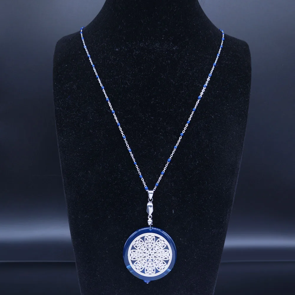 

AFAWA Stainless Steel Flwer of Life Chain Necklace Women Blue Color Natural Stone Long Necklace Jewelry collares largos NCC20S04