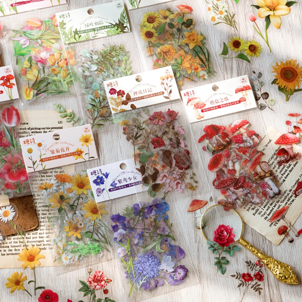 40 pz/borsa Vintage foglie fiori PET Sticker pacchetto fai da te diario decorazione Sticker Album