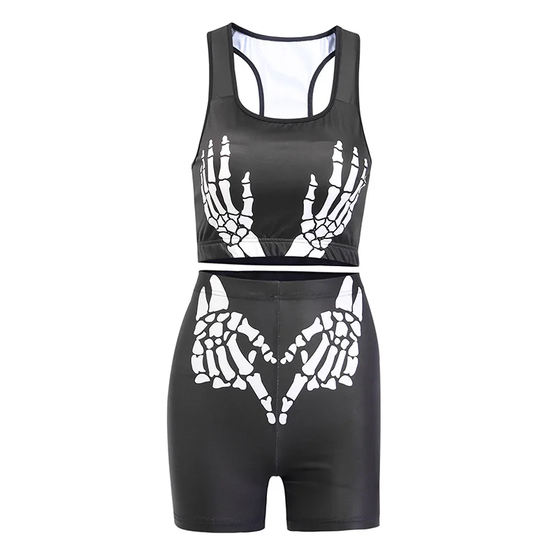 

States cross-border skeleton printed suit female beauty sleeveless vest + buttocks tight shorts dark wind movement