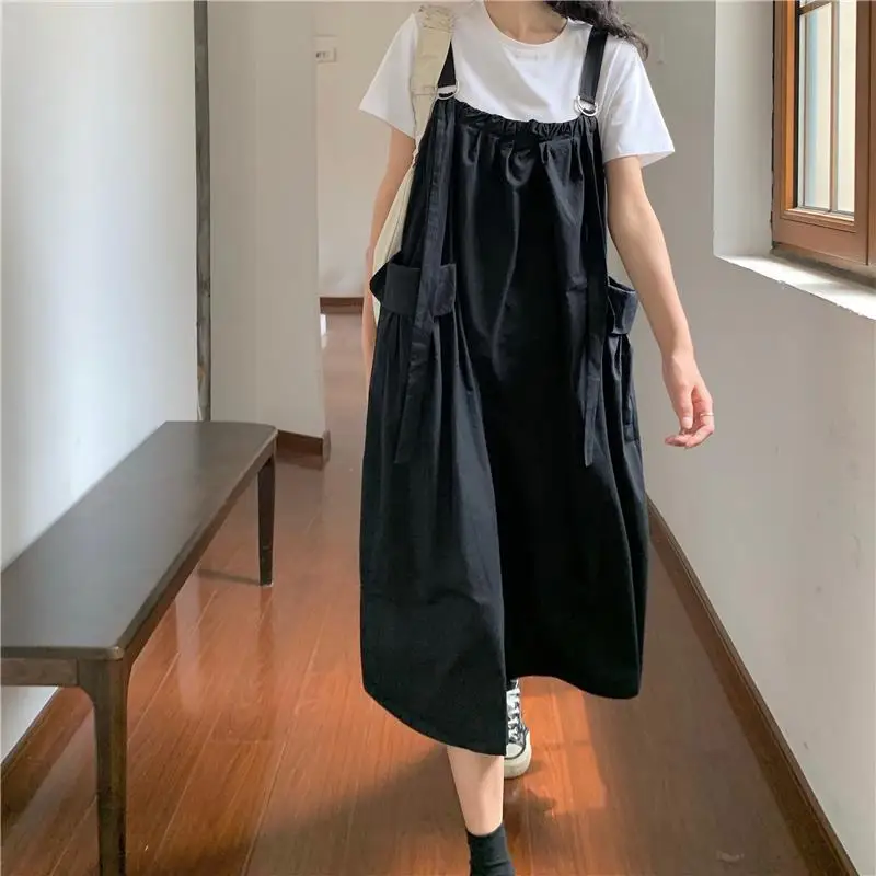 

Oversize Dress Women Solid Simple Big Pockets Students Korean Style Preppy All-match Daily Leisure Soft Females Summer Hot Sale