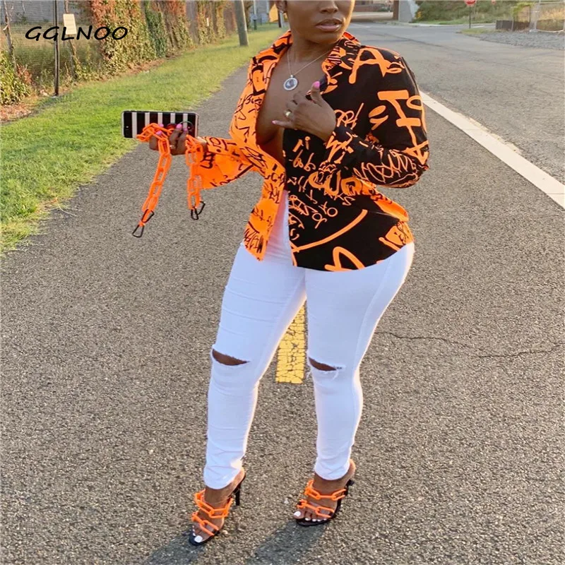 

GGLNOO Plus Size Letter Printed Gradient Color Turn Down Collar Long Sleeve Blouse Spring Fall Fashion Trends Top Shirt GG23907