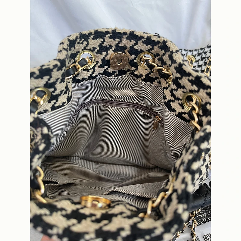 

2020 Wool Houndstooth Backbag Large Capacity Women Solid Bucket Bag Multifunction String Drawstring Shoulder Bags Fashion C005