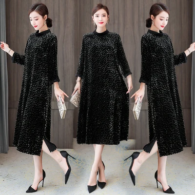 

2021 Autumn Retro Women's Midi Dresses Velvet Female Loose Turtleneck Vintage Vestidos Robe Femme Plus Size 4xl Elegantes Mother