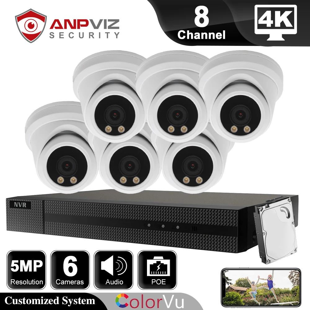 

Система видеонаблюдения Anpviz, 8 каналов, 4K, сетевой видеорегистратор, 6 шт., 5 МП, IP-камера, ночное видение, аудио, POE