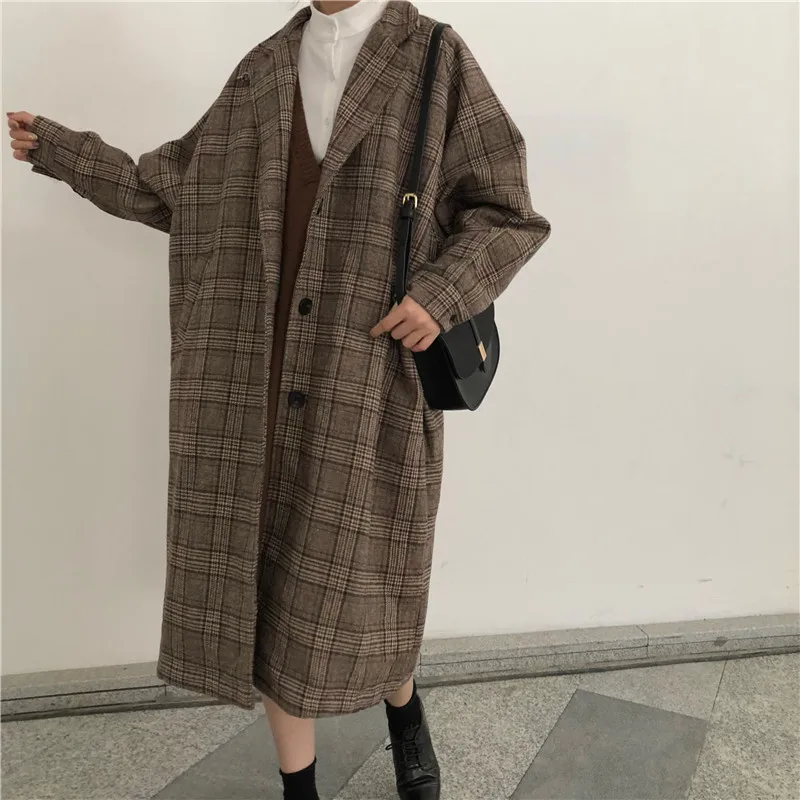 

Plaid Woolen Women'S Coat Vintage 2021 Autumn Winter Check Velvet Coat Female Notched Warm Fleece Office Lady Long Overcoat