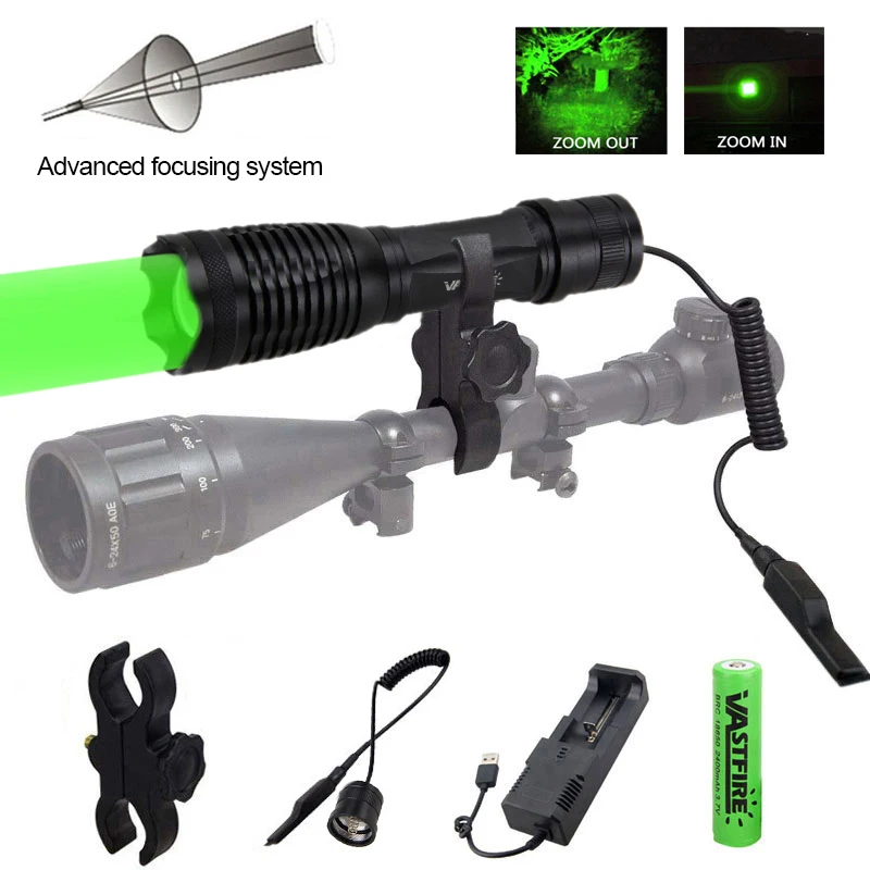 

5000lm XM-L Q5 T6 Weapon Gun Light Zoomable White/Red/Green Tactical Hunting Flashlight+Rifle Scope Mount+Switch+18650+Charger