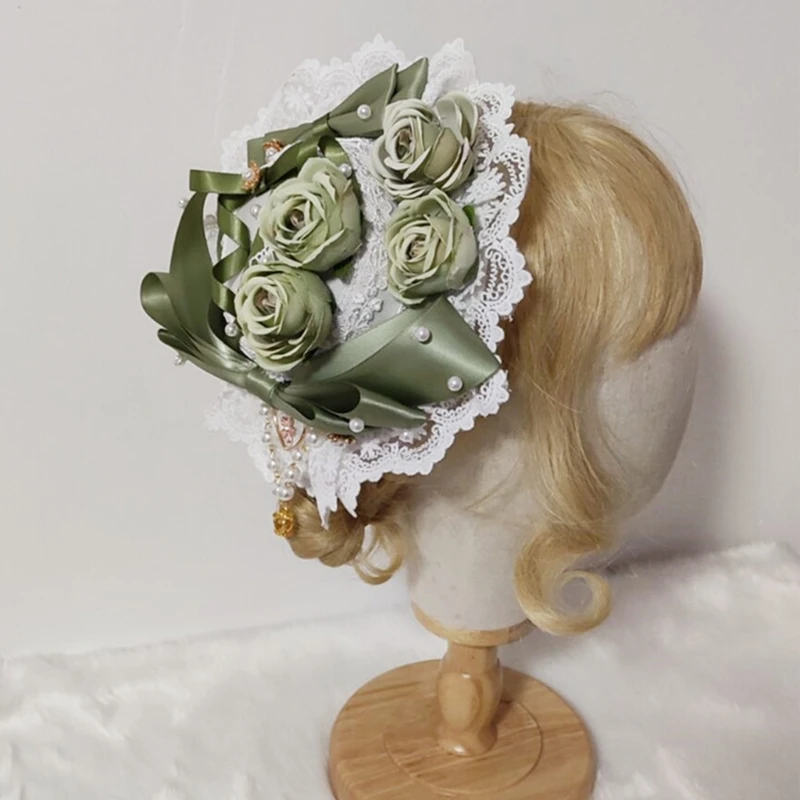 

Lolita Sweet Lace Mini Top Hat Pearl Beaded Ribbon Bowknot Rose Flower Fascinators Cap Anime Cosplay Hair Accessories