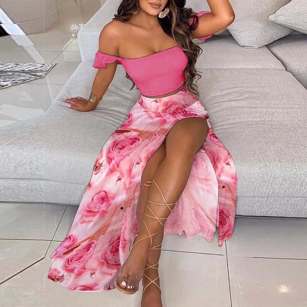 

Plus Size Summer Two Piece Set Clothing Women 2021 Holiday Fashion Off Shoulder Boho Printing Long Dresses vestido de mujer