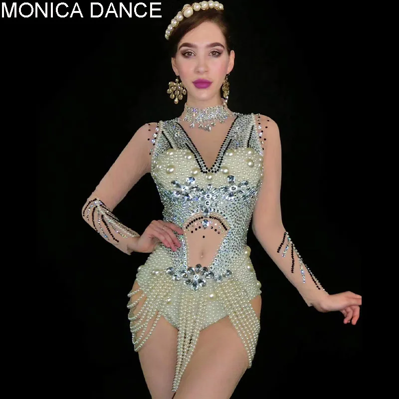 

Боди женское, прозрачное, серебристое, с жемчугом, длинным рукавом