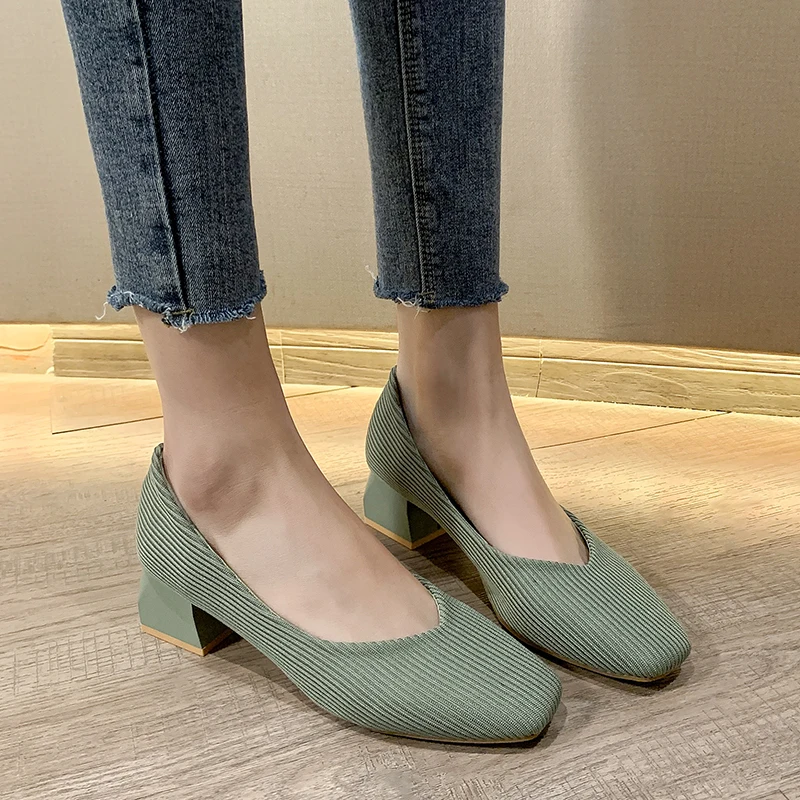 Женские туфли на высоком каблуке из эластичной ткани женские лодочки квадратном