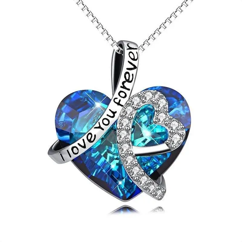 

Sparkling Blue Heart Of Ocean Crystal Pendant Necklace for Women Sweet Romantic Oath Letters Clavicle Chain Lover Jewelry Gift