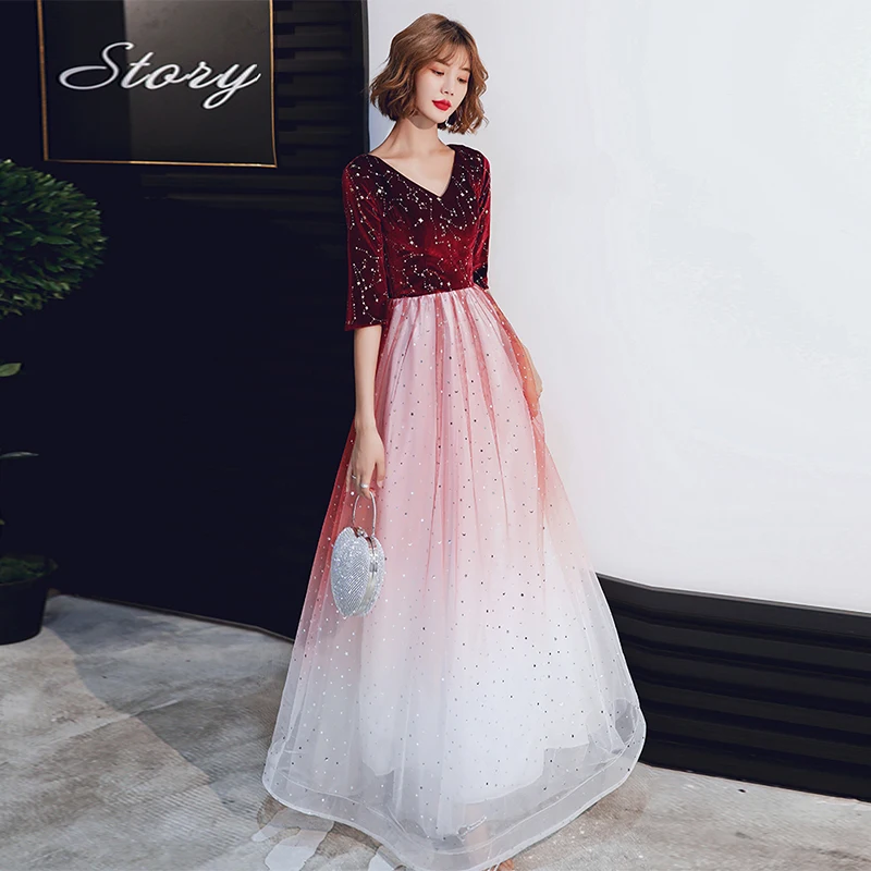 

Evening Dresses Long A-Line V-Neck Half Sleeve Elegant Party Gowns Gradient Velvet 2019 New