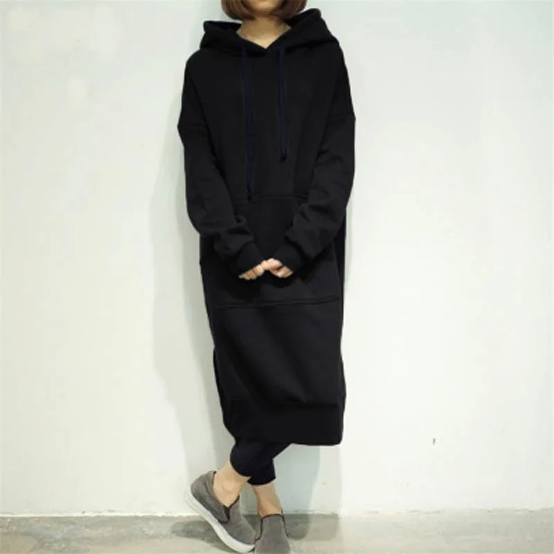 

Casual Spring Autumn Women Long Pullover Fleece Hooded Plus Size Sweatshirt Dress Solid Hoodies 6 Colors Oversize Tops