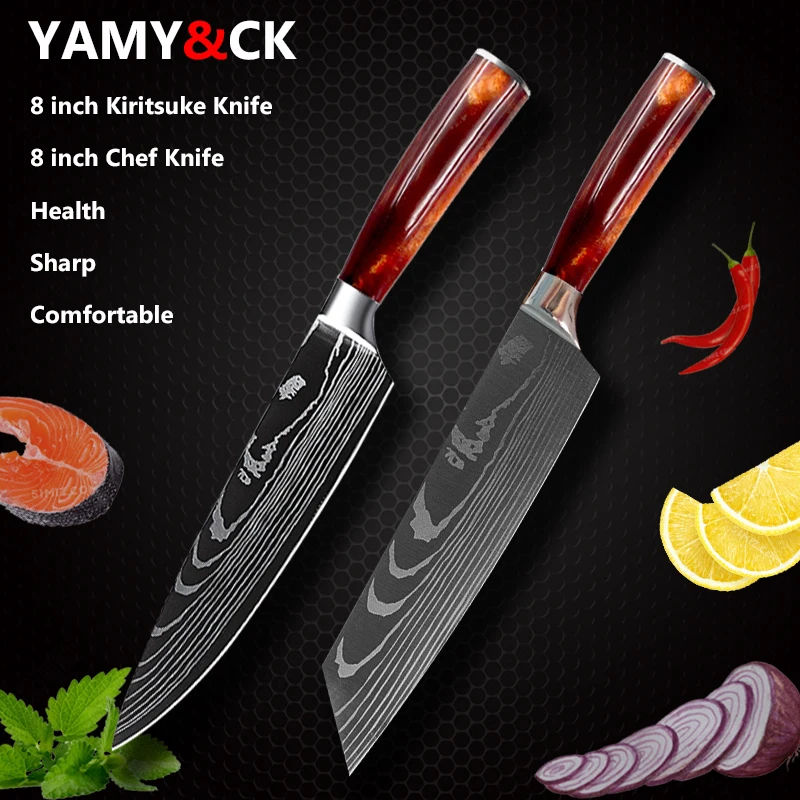 Японские кухонные ножи YAMY &amp CK 8 дюймов поварской резец с лазерным узором Дамаска