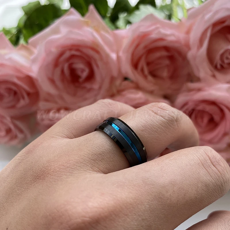 

8mm Black Blue Tungsten Rings for Men Women Brushed Finish Wedding Bands Grooved Center Beveled Edges
