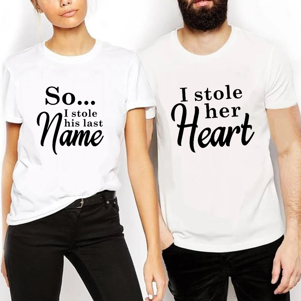 

Подходящая одежда для пары, футболка с коротким рукавом и надписью «Она украла мое сердце»