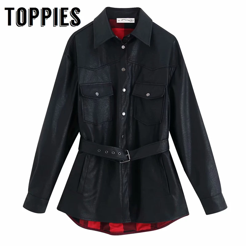 Imitation leather Jacket Belt Single Breasted Slim Long Jacket Women Streetwear Black Button Coat Windbreaker