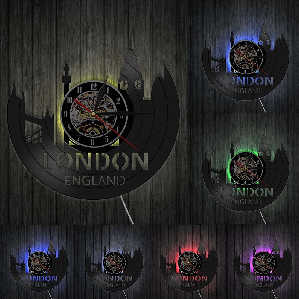 Часы в стиле ретро с изображением Лондонской городской пейзажа и виниловой