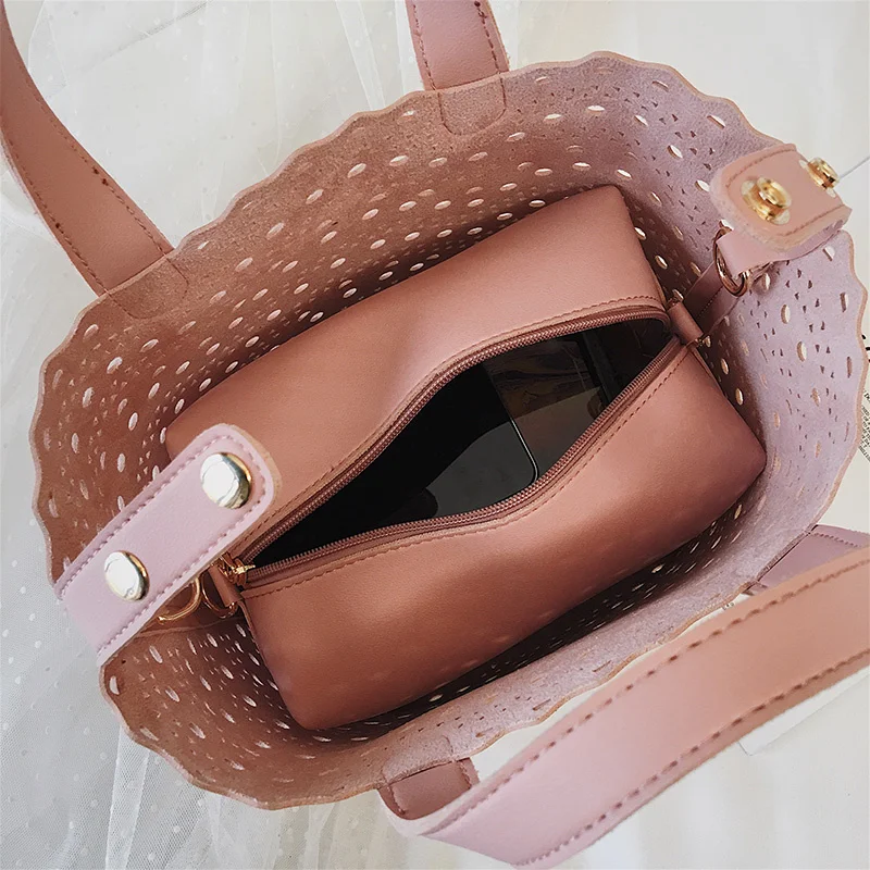 

Summer Hollow Out Women's Bucket Bag 2 Pieces Set Shoulder Bag Pink Casual Tote Handbag Female Luxury Soft Leather Crossbody Bag