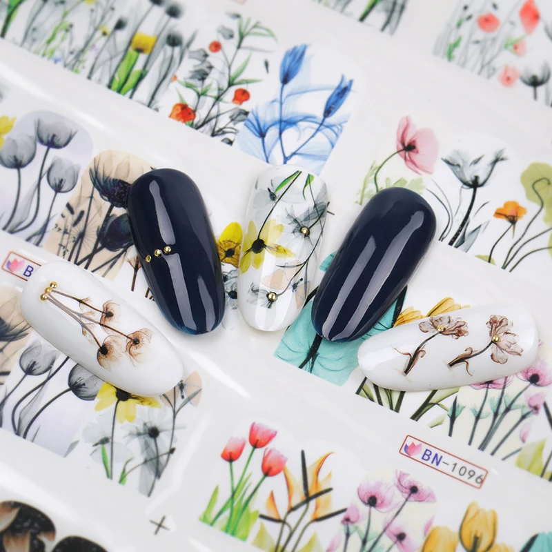 

HNUIX 36 pieces flower nail stickers watercolor flowers ink black Rose band stripe pattern sliders filigree Nail Art decor