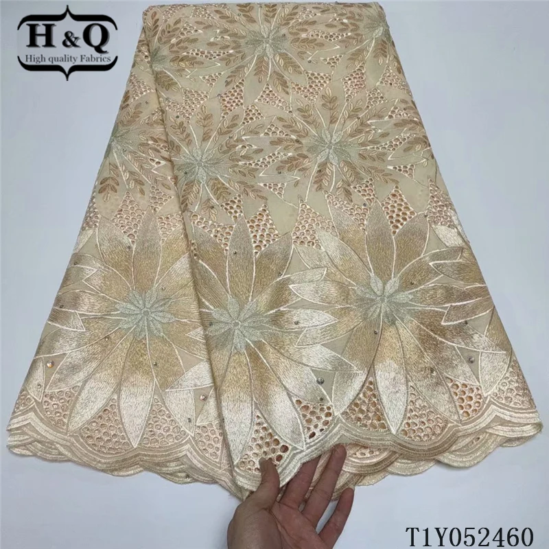 

H & Q Золотая африканская Ткань 5 ярдов швейцарская хлопчатобумажная ткань с Стразы и камнями для шитья кружевного платья нигерийская вуаль Ф...