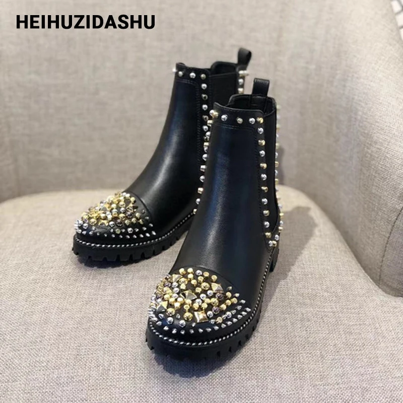 Роскошные блестящие ботинки Челси Женские на массивном каблуке с металлическими