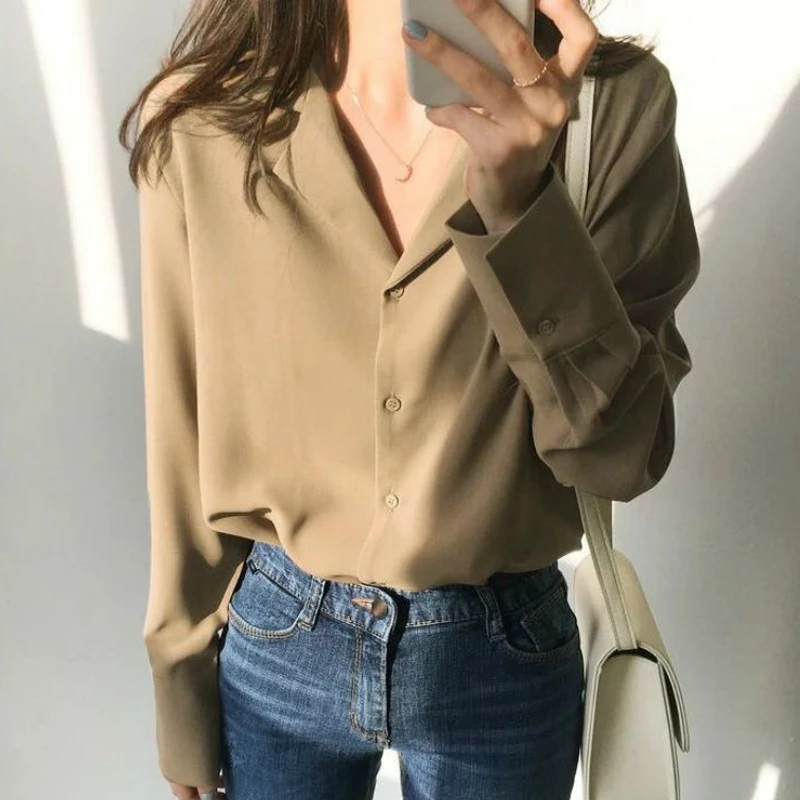 Blusas Mujer De Moda 2021 с v образным вырезом женские офисные Топы Шифоновая блузка длинным