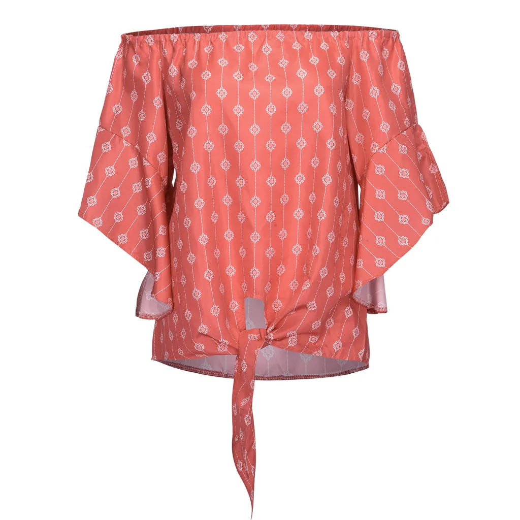 Womens Off Shoulder Top Retro Print Three Quarter Sleeve Tops And Blouses Summer VogueTunic Shirt Tie Blusas Femininas |