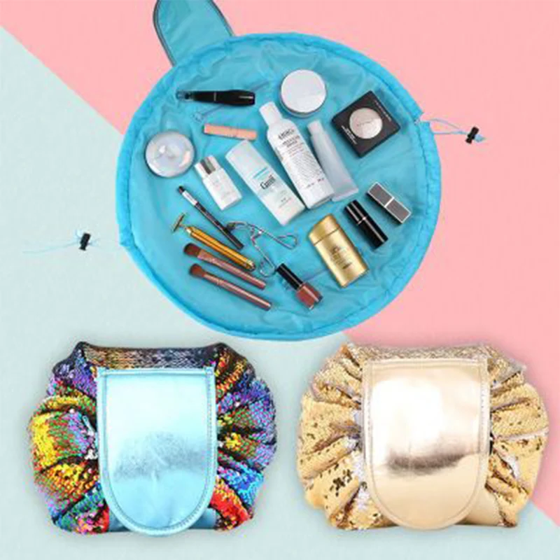 

Selling Fish Scale Sequins Cosmetic Storage Bag Fashion Women's Drawstring Makeup Bag with External Pocket Shiny Purse Velcro
