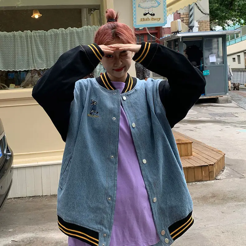 

Denim Patchwork Jacket And Loose Baseball Jersey For Fall 2020 Women Clothing Korean Fashion Button Up Coat Oversized Streetwear
