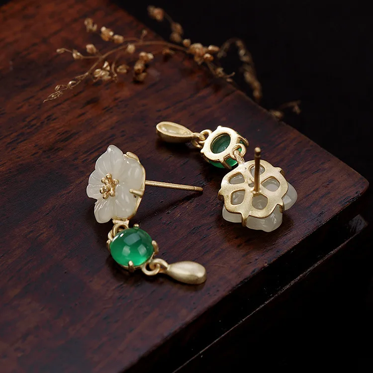 Реальные 925 серебро зеленым халцедоном белого нефрита естественные каменные