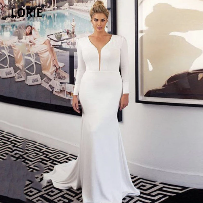 

LORIE Simple Plus Size Wedding Dresses V Neck Wedding Gown White Ivory Stretchy Long Sleeves Mermaid Bridal Dress Custom Made