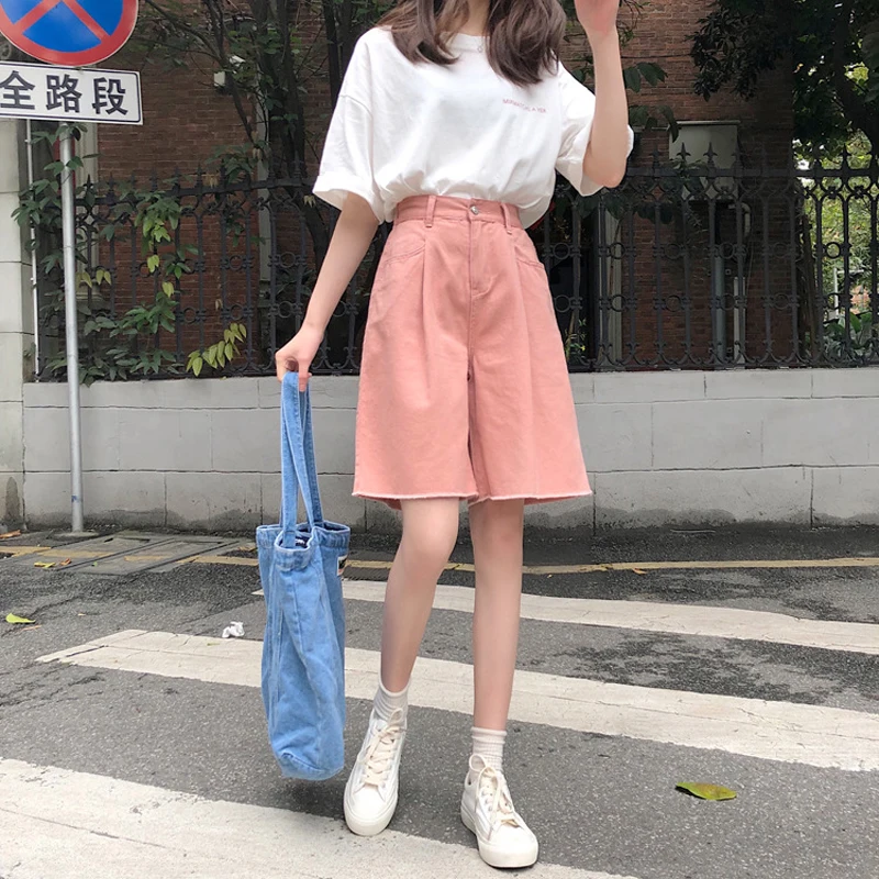 Летние женские шорты в Корейском стиле размера плюс свободные с высокой талией