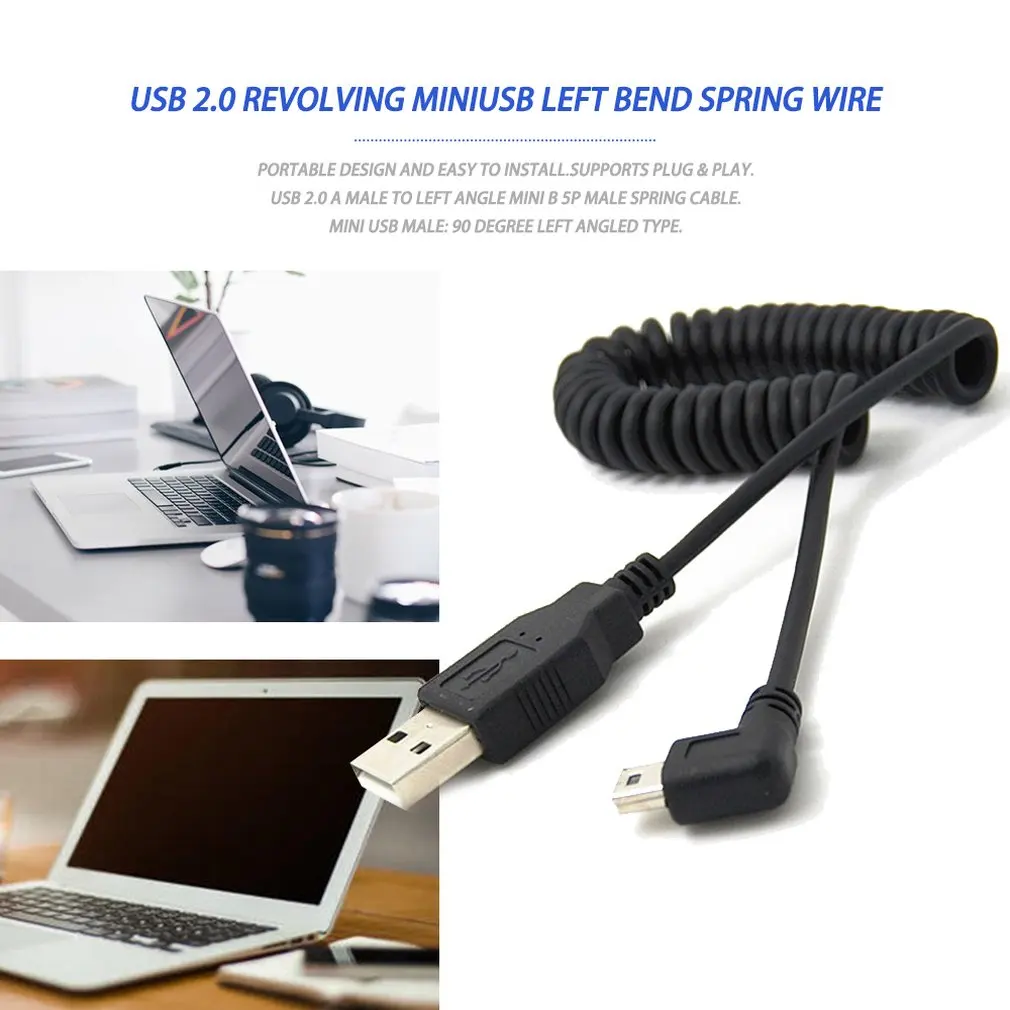 1 шт. USB 2 0 A штекер для мини-usb 5 Pin Прямоугольный 90 градусов Спиральный