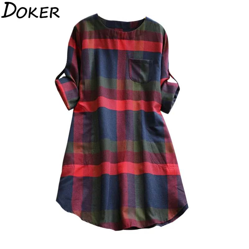 2020 новое платье в клетку размера плюс женские свободные пуловеры с круглым