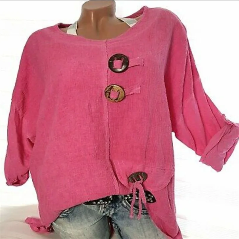 2019 Новая женская рубашка из хлопка и льна одноцветная с круглым вырезом длинными