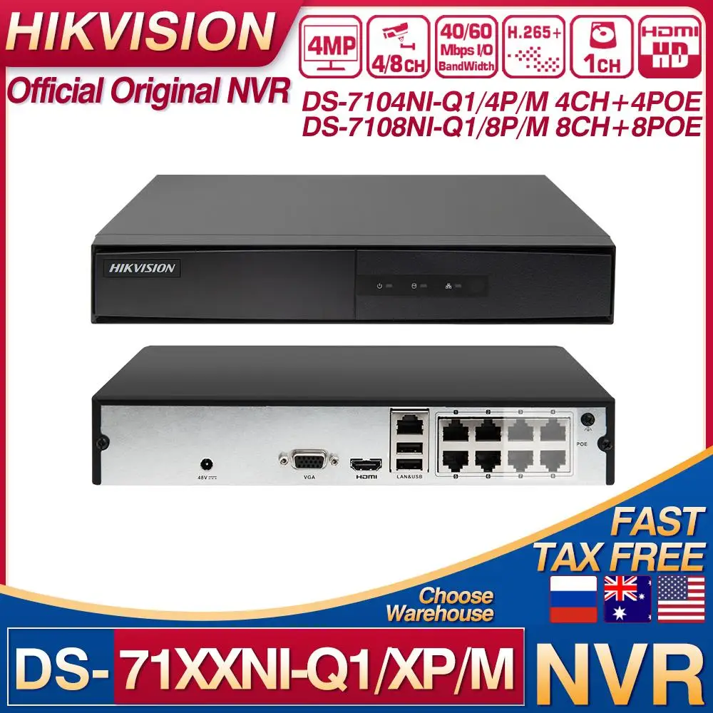 

Hikvision NVR DS-7104NI-Q1/4P/M DS-7108NI-Q1/8P/M 4/8CH POE NVR 4MP H.265+ 1 SATA for POE IPC Security Network Video Recorder
