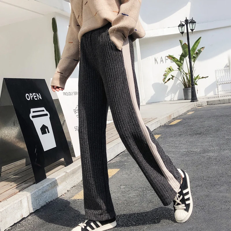 Женские вязаные широкие брюки 2019 осень зима Модные женские повседневные