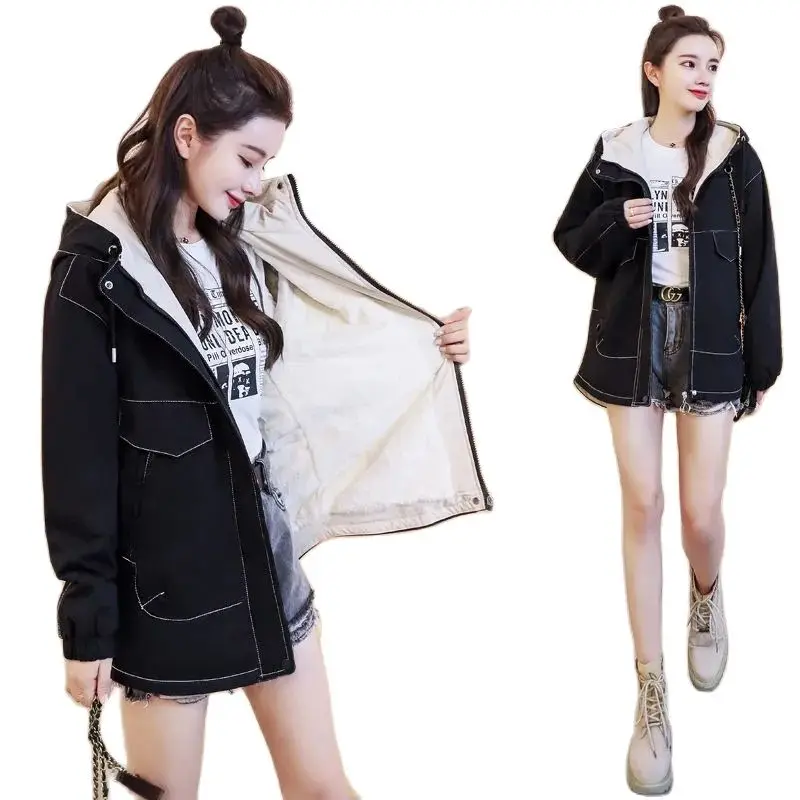 

Fleece Windbreaker Jacket Women Mid-Length Top 2022 Autumn Winter New Coat Ladies Hooded Outwear Cotton Overcoat L991
