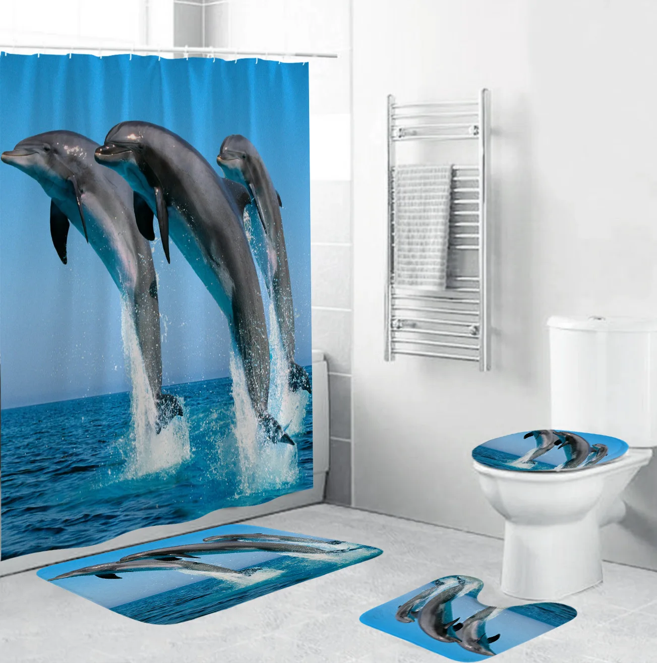 

High Quality 3d Shower Curtain Dolphin Bathroom Curtains Set Deep Sea Ocean Scenery Pedestal Rug Lid Toilet Cover Anti-slip Mat