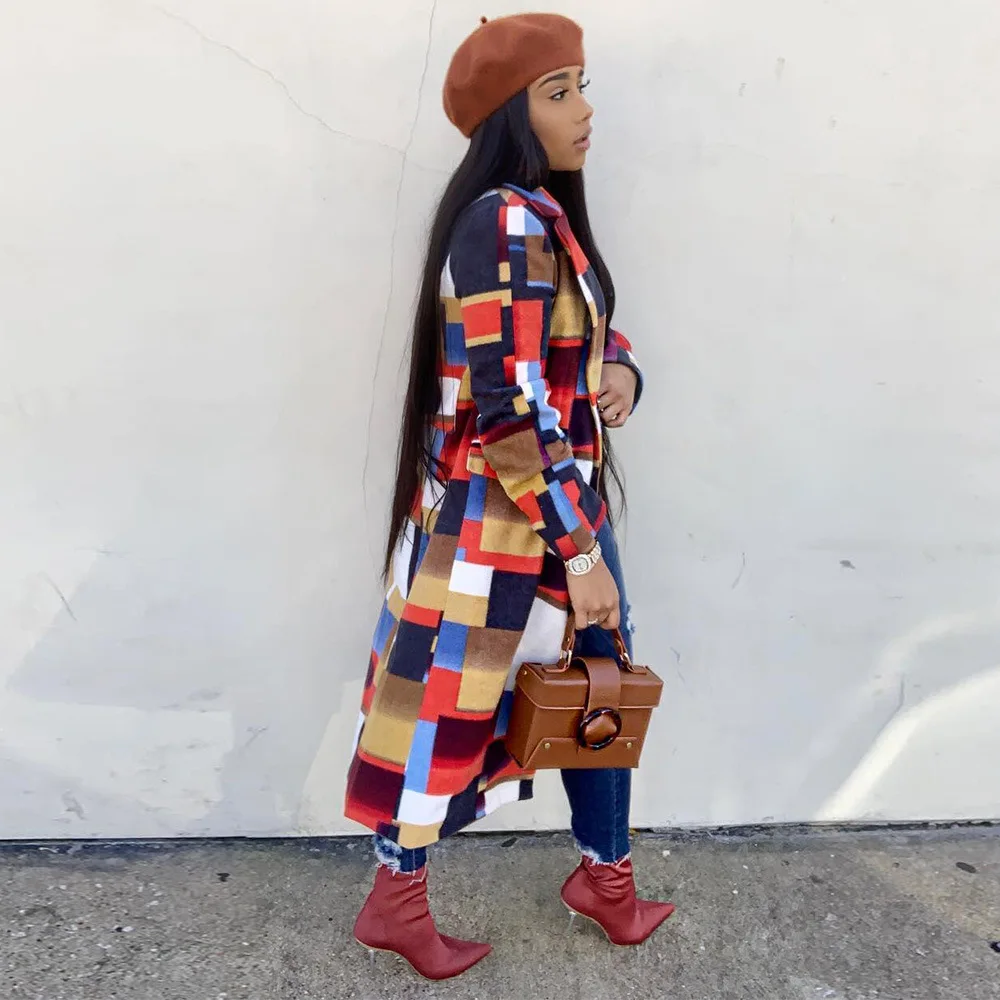 

fashion plaid printed casual long topcoats women turn down collar full sleeve outer autumn winter button up jackets coat S3498