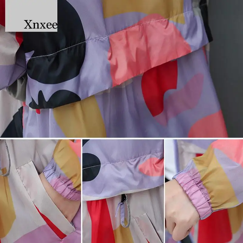 

Summer Thin Coat Women Sunscreen Pirnt Trench Coat Hooded Long Cardigan Fashion UV Sun Protection Outwear Beach Windbreaker