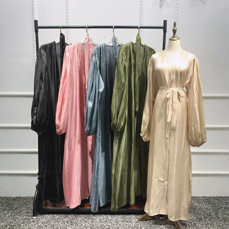 

Eid Muslim Set Abaya Kimono with Matching Inner Dress for Women Summer Fashion Shining Cardigan Puff Sleeve Hijab Robe Turkey