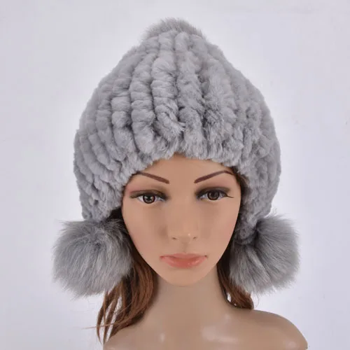 gray adult Детские меховые шапки, натуральный мех кролика Рекс, теплые зимние шапки для мальчиков и девочек, меховая шапка, вязаная шапка с заячьими ушками для мамы и ребенка - Цвет: gray adult