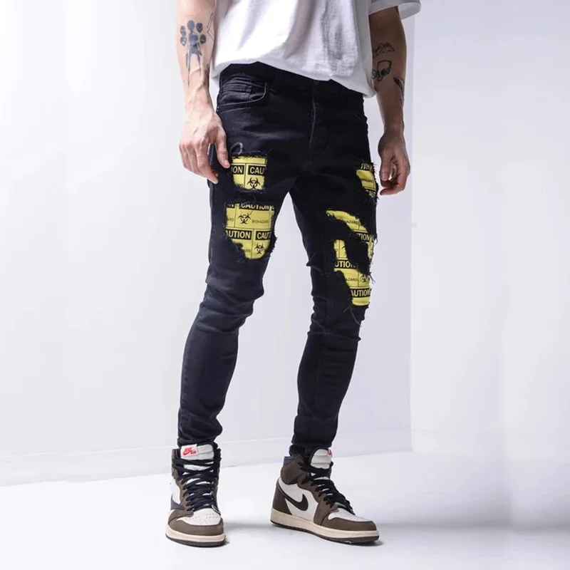 2021 New Mens Jeans Youth Hole Slim Fit Patch Fashion Print Pencil Pants Mens Long Denim Pants Trend Plus Size Men Clothing