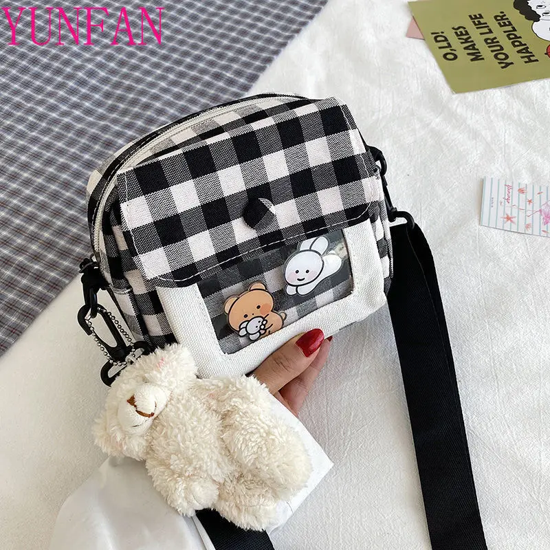 

2021 Fashion New Canvas Small Bag Lattice Messenger Female Fresh One-shoulder Cute Package All-Match Fashion Sac A Dos